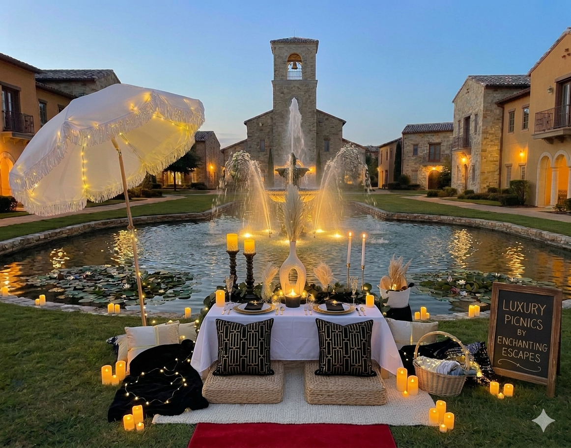 Real Enchanting Escapes luxury picnic setup beside a fountain with LED candles in McKinney Texas